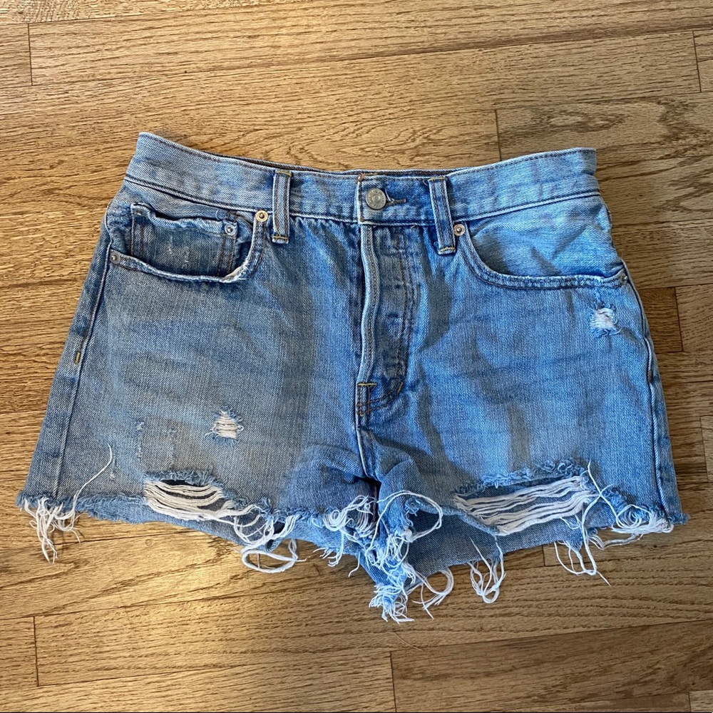 Free People Button Fly Blue Distressed Denim Short